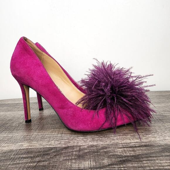 Sam Edelman Haide Feather Suede Leather Pom Pom Stiletto Pumps Heels Size 6 Glam - Picture 3 of 7